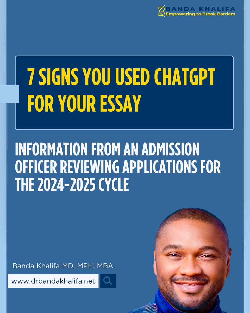 dr_bandak's tweet photo. An admission officer shared 7 signs of AI/ChatGPT written Essays ( Personal statements, Statement of Purpose

With AI tools like ChatGPT becoming more popular, certain essay patterns are starting to stand out. 

I agree with most of these observations after reviewing more than 80 statements during this cycle.

Let's take a look at the seven signs

Understanding these patterns could make a big difference if you’re applying to college/graduate school this year.

#Repost & share this with fellow applicants or prospective applicants.