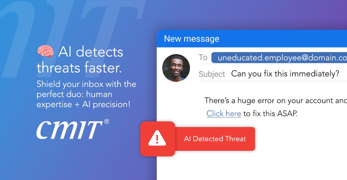 CMITmesa's tweet photo. Cybercriminals are constantly evolving their tactics, transforming your email inbox into a high-risk, high-reward target. With AI-powered phishing scams and targeted malware on the rise, one wrong click can cost your business its reputation and revenue.

#EmailSecurity #CyberRisk https://t.co/sdztJPNFWk