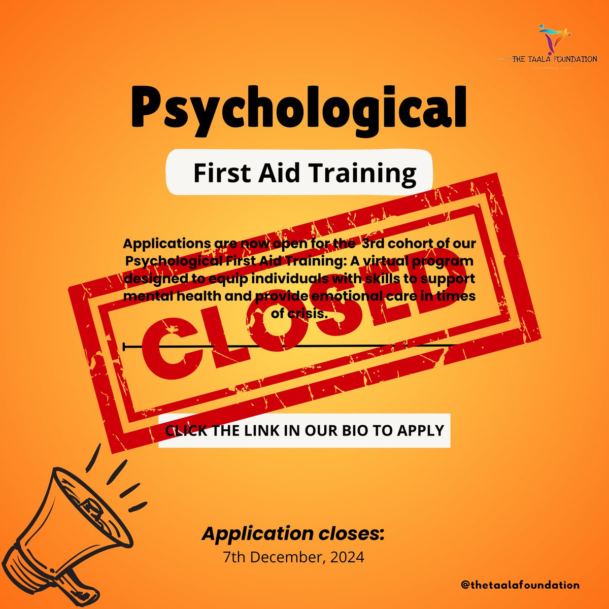 TaalaFoundation's tweet photo. Applications for our Psychological First Aid Training are officially CLOSED!
We received 167 applications, more than twice the number from our previous cohort!
Thank you to everyone who applied! Shortlisted candidates will be notified by December 14th.
#PFATraining #Taala https://t.co/cA4pCZ9rrh