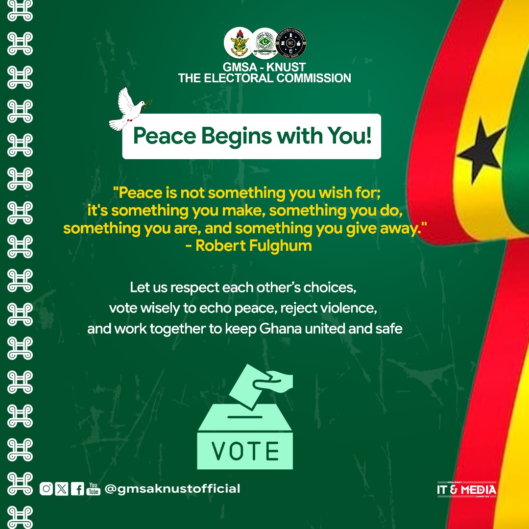 gmsaknust's tweet photo. Ghana is renowned for its peaceful elections over the years.
Remember, Islaam teaches peace. Be an ambassador of peace during this critical moment, wherever you find yourself.
#gmsa #knust #gmsaknust #everyoneinclusive #peacefulelections #ghanadecides #election2024 https://t.co/mwbvaM3ddZ