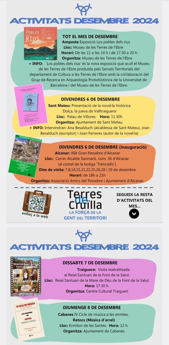 lorafal's tweet photo. 🔷️Agenda @terresdecruilla 

📅Avui dissabte
🕠 17.30h
ℹ️Visita teatralitzada #FontdelaSalut
📍#Traiguera

🌲#Pessebre
🕕18 a 21h
📍#Alcanar

📅Demà 
🎶#Concert #Retocs
🕛12h
📍#Cabanes

➕️ @museuterresebre

@AlcanarAJ  @Centre @ajamposta @VoluntariatLTE  #LoRafal https://t.co/itSzywZpLr