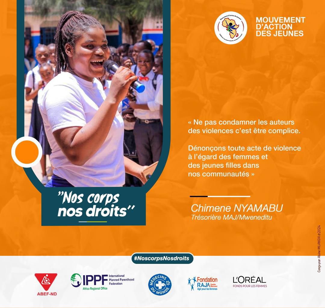 Sophia Tshela (@sophiatshela) on Twitter photo #NosCorpsNosDroits
#16JoursdActivisme
Dénonçons toute forme de violence envers les femmes et les jeunes filles dans nos communautés.
#StopVBG ❌
<a href="/MajRDCongo/">MAJ/YAM RDC🇨🇩</a>
<a href="/abefnd_rdc/">ABEF-ND RDC</a>
<a href="/IPPFAR/">IPPFAR</a>
<a href="/MondeRdc/">Médecins du Monde RDC</a>
<a href="/MdM_France/">Médecins du Monde</a>
<a href="/FondationLOreal/">Fondation L'Oréal</a>
<a href="/FondationRaja/">Fondation RAJA - Danièle Marcovici</a> #NosCorpsNosDroits
#16JoursdActivisme
Dénonçons toute forme de violence envers les femmes et les jeunes filles dans nos communautés.
#StopVBG ❌
<a href="/MajRDCongo/">MAJ/YAM RDC🇨🇩</a>
<a href="/abefnd_rdc/">ABEF-ND RDC</a>
<a href="/IPPFAR/">IPPFAR</a>
<a href="/MondeRdc/">Médecins du Monde RDC</a>
<a href="/MdM_France/">Médecins du Monde</a>
<a href="/FondationLOreal/">Fondation L'Oréal</a>
<a href="/FondationRaja/">Fondation RAJA - Danièle Marcovici</a>