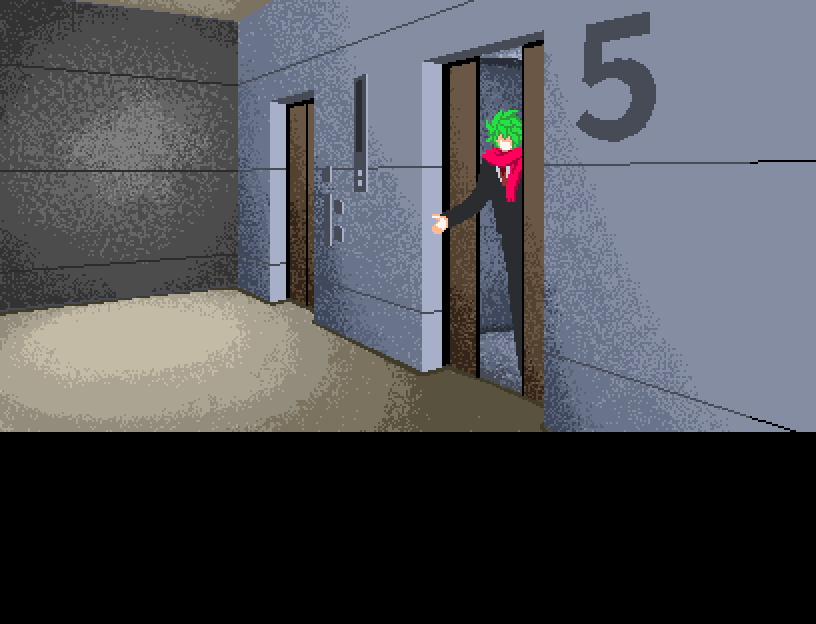 KimigaSlop's tweet photo. Many of YTTDs backgrounds use layered images to support cases where new events happen without redrawing new backgrounds. For example, the normal background here would be the entire room, while Midori and the open elevator would be layered onto it. https://t.co/pFO6Hv56Jl