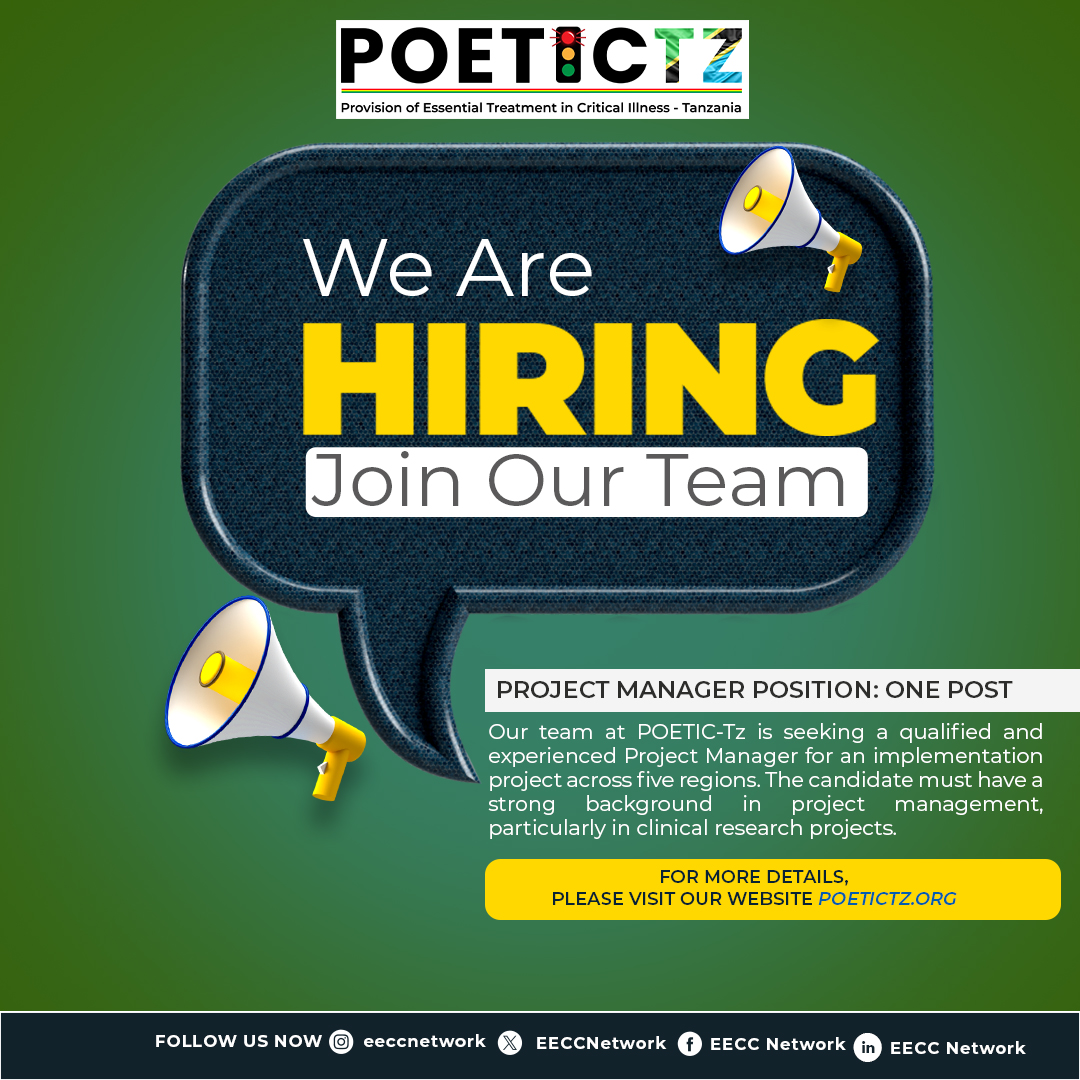 Our team at POETIC-Tz is seeking a qualified and experienced Project Manager for an implementation project across five regions(In Tanzania). The candidate must have a strong background in project management, particularly in clinical research projects.
 poetictz.org