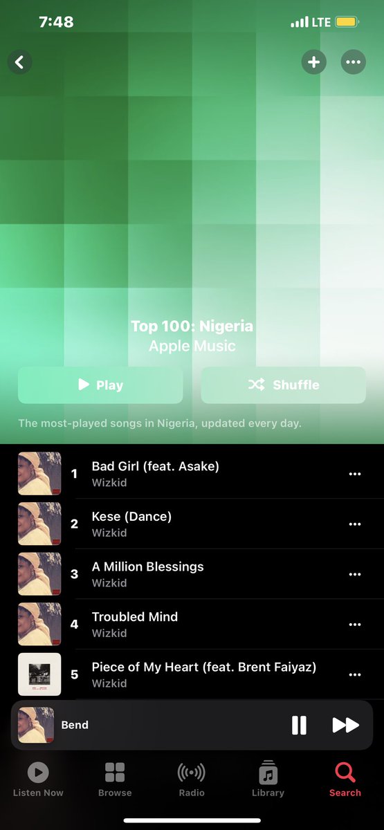 SherifUsman7's tweet photo. Wizkid “Morayo” is the first album to achieve a clean sweep for 15 consecutive days on Nigeria 🇳🇬 Apple Music daily songs chart 📊

🔘It occupied 1-16 with all it 16 tracks https://t.co/ww8xv9jKX9