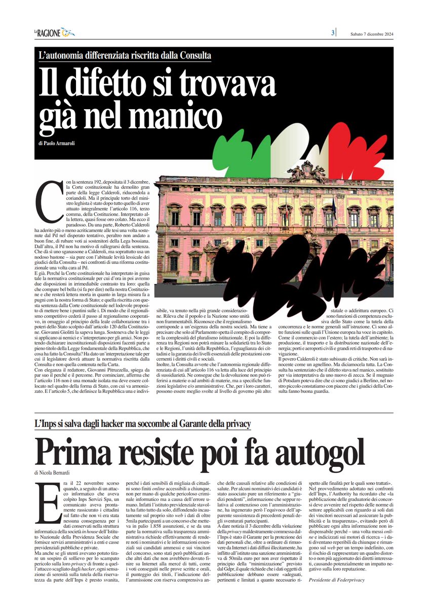 L'#INPS si salva dagli #hacker ma soccombe al Garante della #privacy <a href="/GPDP_IT/">Garante Privacy</a> . L'istituto previdenziale prima resiste, poi fa autogol. Mio articolo su <a href="/LaRagione_eu/">La Ragione</a> oggi in edicola