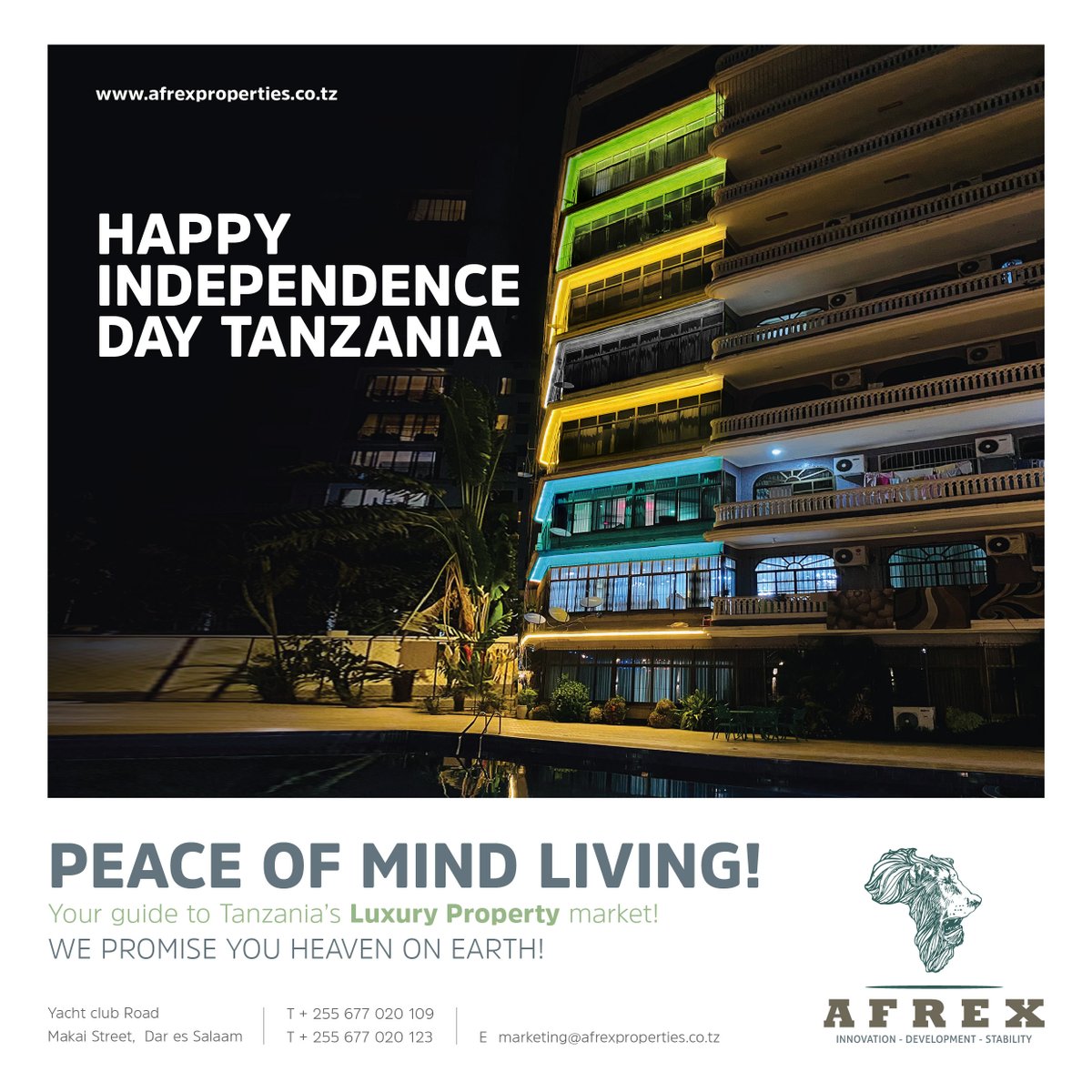 AfrexProperties's tweet photo. Today we cherish the ones who made our independence possible, Happy Independence Day.   #Comfort #DaresSalaam #Villas #Apartments #Masaki #Oysterbay #Mikocheni #Upanga #forrent #Nyumba #luxury #lifestyle #Tanzania #AFREX #uniqueness #paradise #vibrant #elegance #bongo https://t.co/2VmKb48kKB