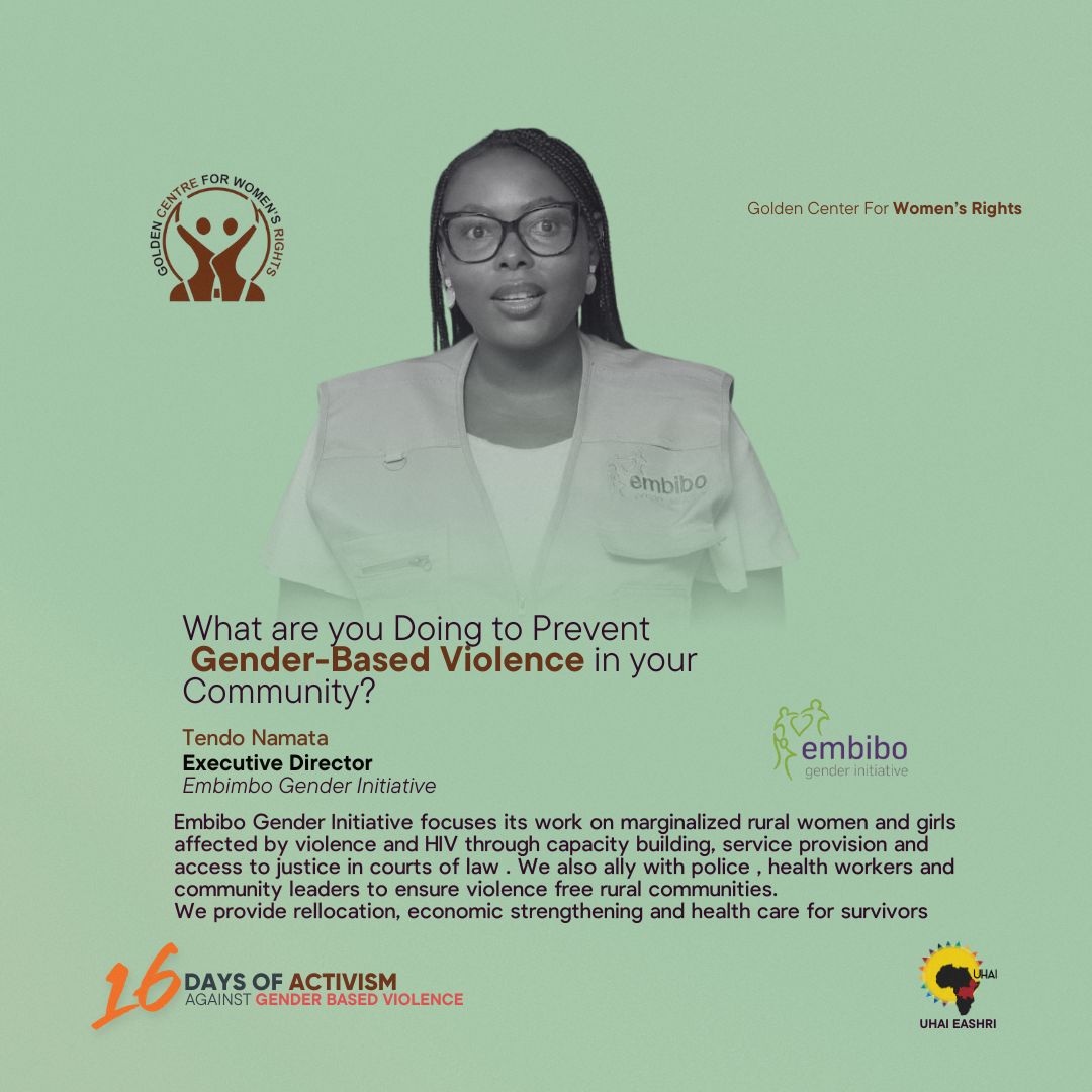 #16Days #16Voices What are you doing to prevent GBV in your community?
"<a href="/Embiboinitiativ/">Embibo Gender Initiative</a> focuses its work on marginalized rural women and girls affected by violence &amp; HIV through capacity building, service provision and access to justice...." Follow their pg 
#TakeAction 
#UHAI