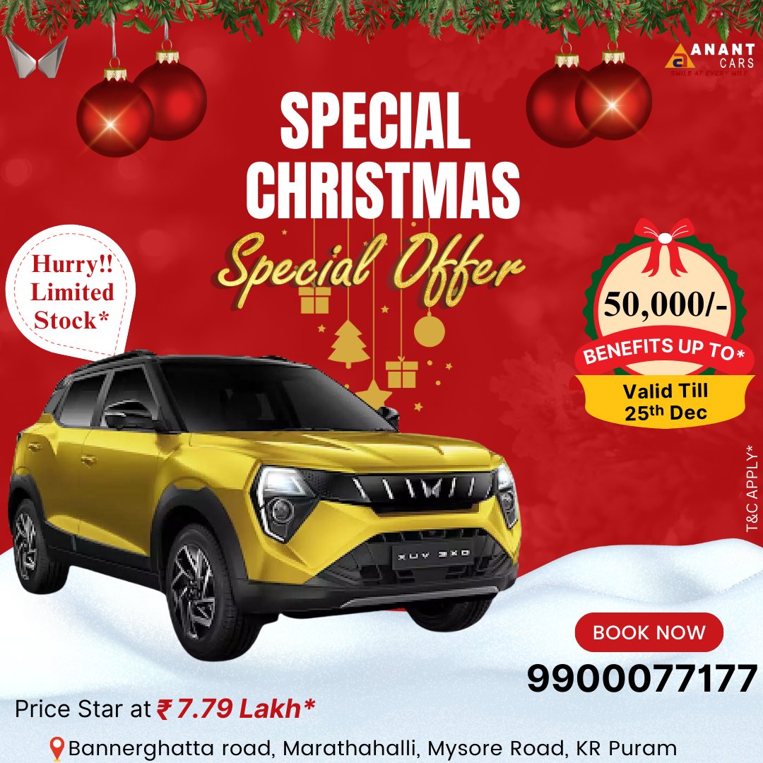 AnantCars's tweet image. 🎅🏻Christmas and New Year Deals at Anantcars Mahindra🎅🏻
🚗Now or never offer for Mahindra XUV3XO🚗
​🚘Benefits Upto Rs 50,000
(*T &amp;amp; C Apply) 📱 9900077177

#Anantcars #yearendoffers #christmasoffer #newyearoffer #xuv3xo #Mahindraxuv3xo #noworneveroffer #booktoday #testdrivetoday