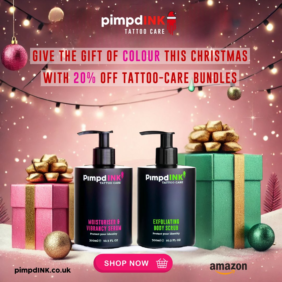 PimpdInk's tweet photo. Give the Gift of Colour this Christmas! Brighten their holidays (and their ink) with 20% off our Tattoo-Care Bundles. Keep colours vibrant, tattoos protected, and their individuality shining all season long.

#GiveTheGiftOfColour #HolidaySale #TattooCare #ChristmasGifts https://t.co/Nw1PB2ZtRD