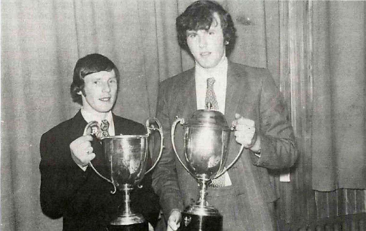 Club Chairperson Paddy O'Halloran and U21 team Captain Paddy Clancy with the Paddy Stephens and Ned Keogh Perpetual Cups, (County &amp; West Board), at the 1974 Annual Social held in the Sacre Coeur Hotel.