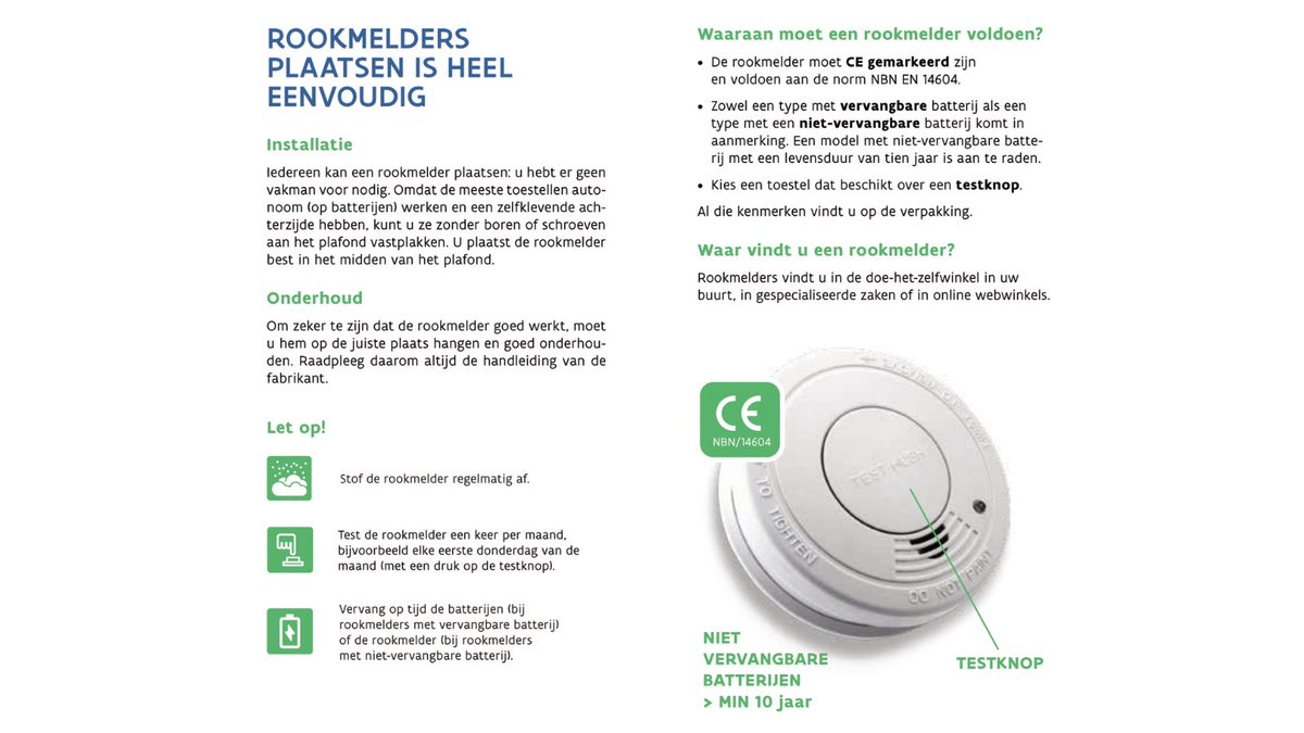 Brandweer Zone Antwerpen (@bzantwerpen) on Twitter photo Weet jij hoe je je rookmelders in topconditie houdt?
🔋 Test elke maand.
🧼 Stofzuig minstens 2 keer per jaar of stof af.
🔄 Vervang de rookmelder na 10 jaar.
Lees meer: bit.ly/4fkkMF2.
#SmokeAlarmsSaveLives #EuropeanSmokeAlarmDay #EuropeanFireSafetyWeek #WeesOnzeHeld Weet jij hoe je je rookmelders in topconditie houdt?
🔋 Test elke maand.
🧼 Stofzuig minstens 2 keer per jaar of stof af.
🔄 Vervang de rookmelder na 10 jaar.
Lees meer: bit.ly/4fkkMF2.
#SmokeAlarmsSaveLives #EuropeanSmokeAlarmDay #EuropeanFireSafetyWeek #WeesOnzeHeld