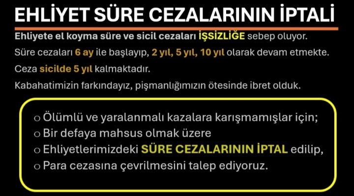 Madde48 Ehliyetsizİşsiz

TCK 6047 / 48. Madde bir suça karışmamasına rağmen, 2 - 5 yıl gibi sürerlerle sürücünün #ehliyet ine el koyuyor. 48. Maddenin gözden geçirilip. 
1 defaya mahsus süre cezalarının para cezasına Cevrlsmesini istyrz #EhliyetAffı
<a href="/adalet_bakanlik/">T.C. Adalet Bakanlığı</a> <a href="/TC_icisleri/">T.C. İçişleri Bakanlığı</a>