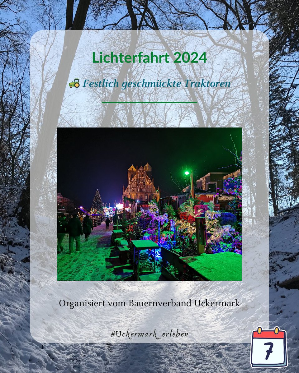 Uckermark_tmu's tweet photo. Am 7. Dezember bringt der Bauernverband Uckermark Licht in die Dunkelheit! Die festlich geschmückte Lichterfahrt startet um 16 Uhr in Prenzlau. Ideal mit einem Besuch auf dem Weihnachtsmarkt. 🎄
Bist Du dabei?
#Uckermark_erleben #Uckermark #Weihnachten #Lichterfahrt https://t.co/5jN9FKu5il