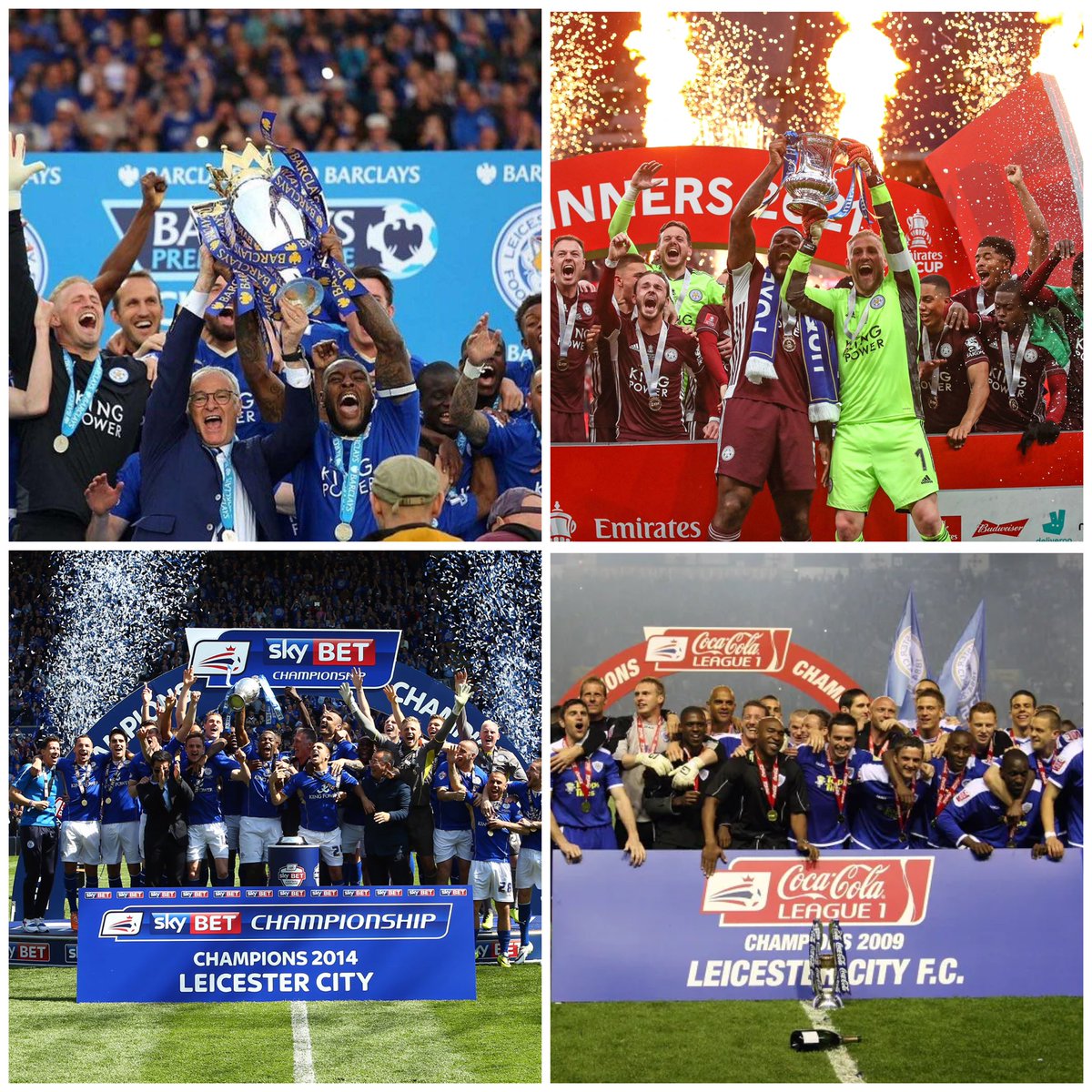 Elm_665's tweet photo. Let’s be honest, There’s no club like Leicester City.
All within the last 25 years #lcfc https://t.co/KrJXxoGKXt