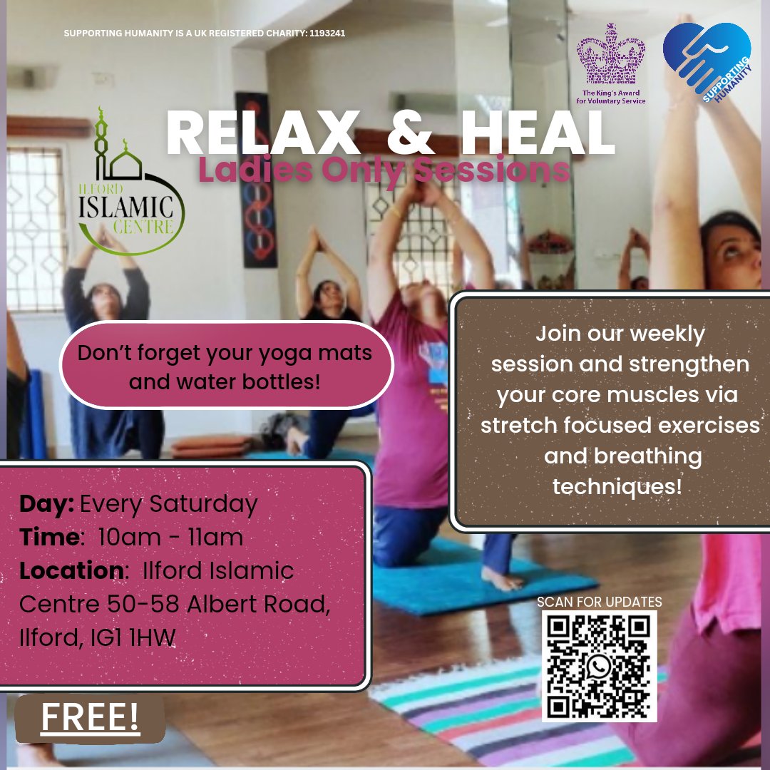 supportingHC's tweet photo. Join us on this journey of strengthening your core muscles and elevating your levels of fitness! Every Saturday from 10am to 11am! #fitness #exercise #relax

For more information please contact Tahreem Noor on tahreem.noor@supportinghumanity.org https://t.co/L0O3Lodmln