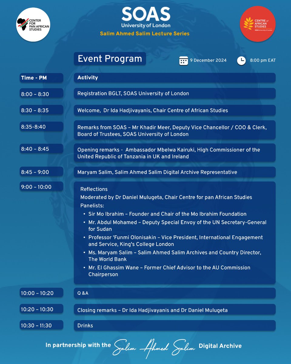 DrSalimArchive's tweet photo. Here is the program for the upcoming event on Africa in a changing world.

Happening Monday 9th December from 8:00 PM EAT | 5:00 PM UK

Register on the link below
https://t.co/qBUO4q4h67 https://t.co/lQmsPvB0KO