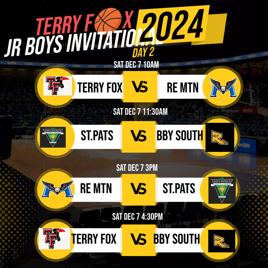 Jr B🏀YS Invitational Day 2 
Come cheer on your Terry Fox Ravens, as they are slated to play two games...

Fox vs. RE MTN 
⏰️10am
📍Fox

St.Pats vs. Bby South 
⏰️11:30am 
📍Fox

RE MTN vs. St.Pats
⏰️3pm
📍Fox

 Fox vs. Bby South
⏰️4:30pm
📍Fox 

G🏀 RAVENS