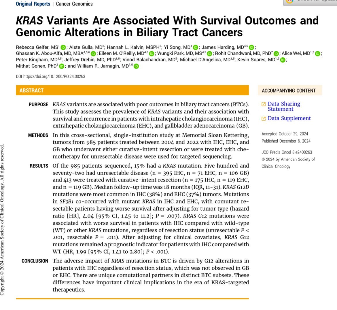 Erman Akkus (@erman_akkus) on Twitter photo 🧬KRAS mutations and biliary tract cancers
<a href="/JCOPO_ASCO/">JCO Precision Oncology</a>
⭕️Mutation frequency: 15%
⭕️KRAS G12D was the most common
🚨KRAS G12 mutations ➡️ worse OS in intrahepatic CCA
❗️KRAS-targeted treatments!
👉doi.org/10.1200/PO.24.…
<a href="/CentralParkWMD/">Wungki Park, MD MS</a> <a href="/EileenMOReilly/">Eileen M O’Reilly</a> <a href="/OncoAlert/">OncoAlert</a> 🧬KRAS mutations and biliary tract cancers
<a href="/JCOPO_ASCO/">JCO Precision Oncology</a>
⭕️Mutation frequency: 15%
⭕️KRAS G12D was the most common
🚨KRAS G12 mutations ➡️ worse OS in intrahepatic CCA
❗️KRAS-targeted treatments!
👉doi.org/10.1200/PO.24.…
<a href="/CentralParkWMD/">Wungki Park, MD MS</a> <a href="/EileenMOReilly/">Eileen M O’Reilly</a> <a href="/OncoAlert/">OncoAlert</a>