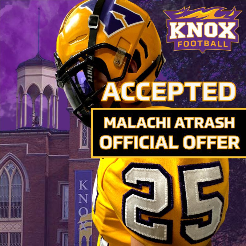 malachi_atrash's tweet photo. Blessed to receive my 1st offer from Knox College 🟣🟡! #AllGlorytoGod #PraireFire #GoKnox @coachmorfin @Coach_Bontrager @FB_KnoxCollege @Coach__Frost @___ShaneK https://t.co/crVUGa6xm4