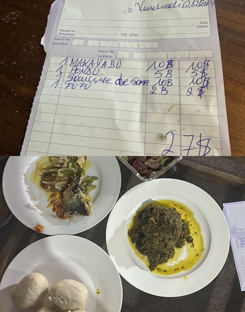 Kinshasa parfois on se demande comment les habitants de la capitale de la République Démocratique du Congo s’en sortent pour vivre. 

Un ami en visite à Kinshasa a partagé ses factures au restaurant pour le jeudi 5 et vendredi 6 décembre 2024.  Comme vous pouvez voir les factures