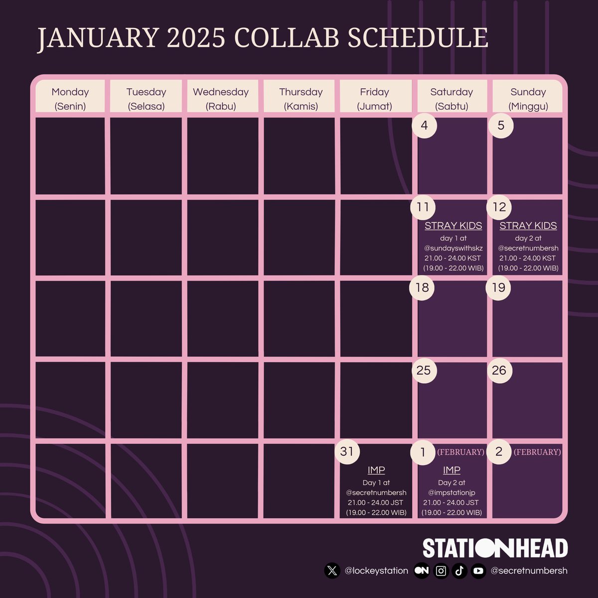 lockeystation's tweet image. SECRET NUMBER’s LOCKEY STATIONHEAD Streaming Collaboration Schedule for December 2024, January &amp;amp; February 2024.

Added:
- Westlife
- The Rose
- One Ok Rock
- (G)-idle
- Stray Kids
- IMP

(fan initiated, no artist expected)