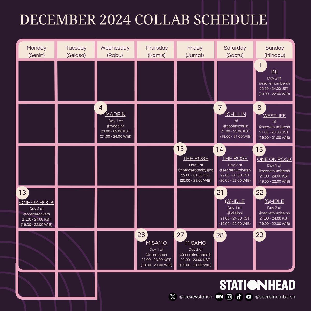 lockeystation's tweet image. SECRET NUMBER’s LOCKEY STATIONHEAD Streaming Collaboration Schedule for December 2024, January &amp;amp; February 2024.

Added:
- Westlife
- The Rose
- One Ok Rock
- (G)-idle
- Stray Kids
- IMP

(fan initiated, no artist expected)