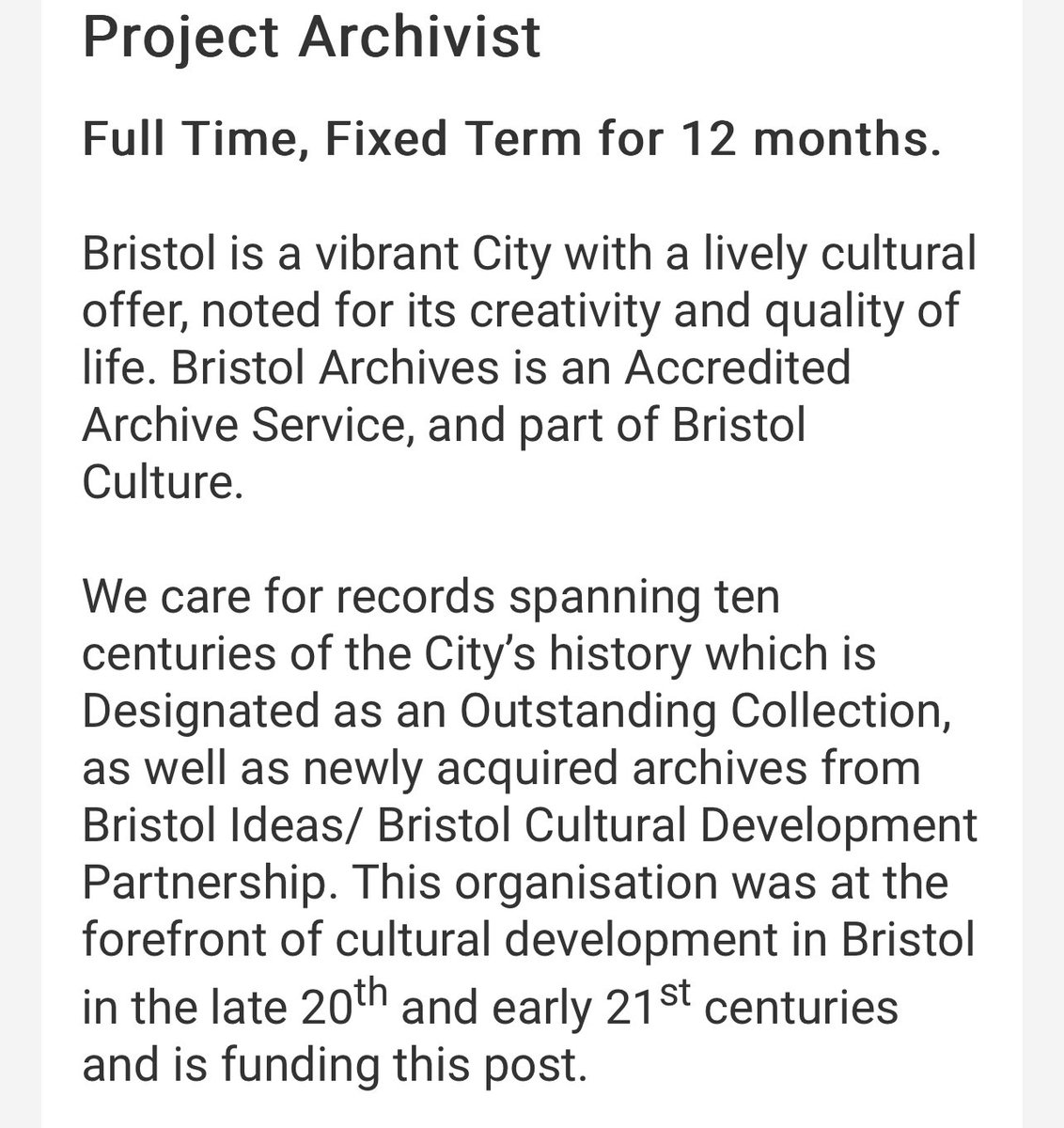 When Bristol Ideas/ Bristol Cultural Development Partnership closed in April 2024, all archive material was donated to Bristol Archives. There’s a post now open for collections management and cataloguing. Details here: eur03.safelinks.protection.outlook.com/?url=https%3A%…