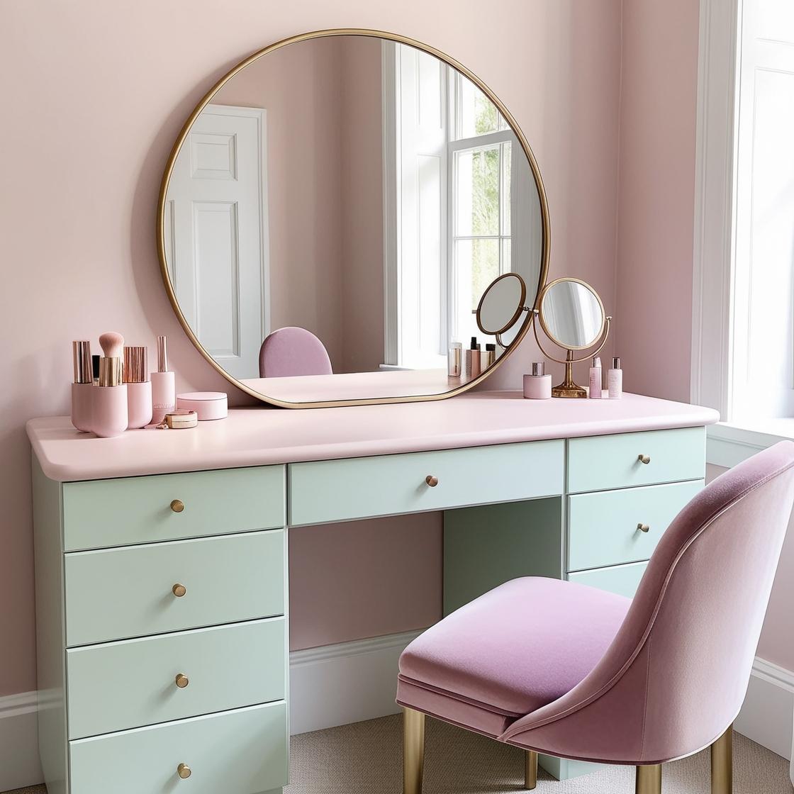 GlamEncalve's tweet photo. 💄 Transform your space with this pastel pink &amp; mint vanity! Gold accents + a plush chair = the ultimate feminine beauty corner. Perfect for dreamy mornings or organizing your essentials. ✨💕 #VanityGoals #PastelDecor https://t.co/tK9upu1y95
