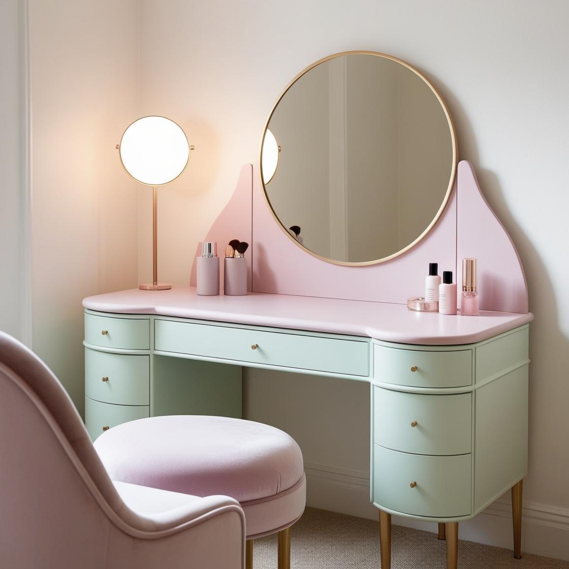 GlamEncalve's tweet photo. Pastel dreams come alive with this chic pink &amp; mint vanity table! Featuring gold accents and plush seating, it’s a perfect blend of style and function. 💕✨ #VanityInspo #PastelRoomIdeas https://t.co/i28UKqJxLY