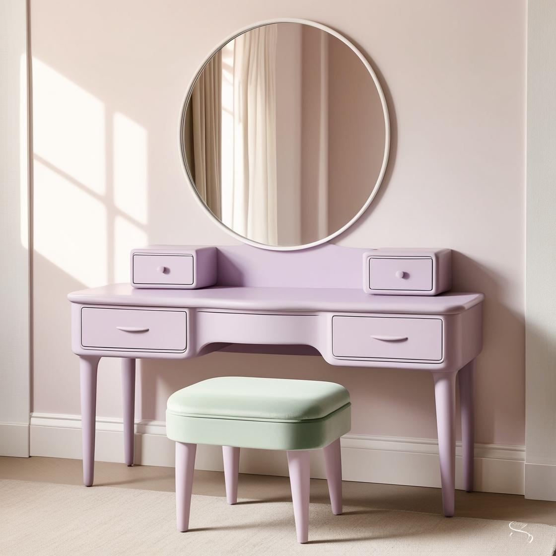 GlamEncalve's tweet photo. Create your own glam haven! 🌟 This pastel pink dressing table with mint accents and a gold mirror adds charm to any room. Perfect for beauty lovers seeking a touch of luxury. 💄💕 #SoftLiving #ChicSpaces https://t.co/adBA5R9Zgk