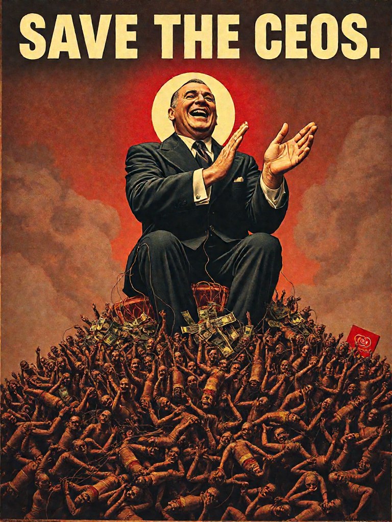 GraydientAI's tweet photo. Send it to a #ceo that needs saving. Design powerful 1930s style propaganda posters easily in seconds -- like these by WhitePepper.  Try https://t.co/jsIEkwU5zh today  #united #unitedhealthcare #manhunt #deny #delay #depose #brianthompson #uhc https://t.co/fpMLBNcUju
