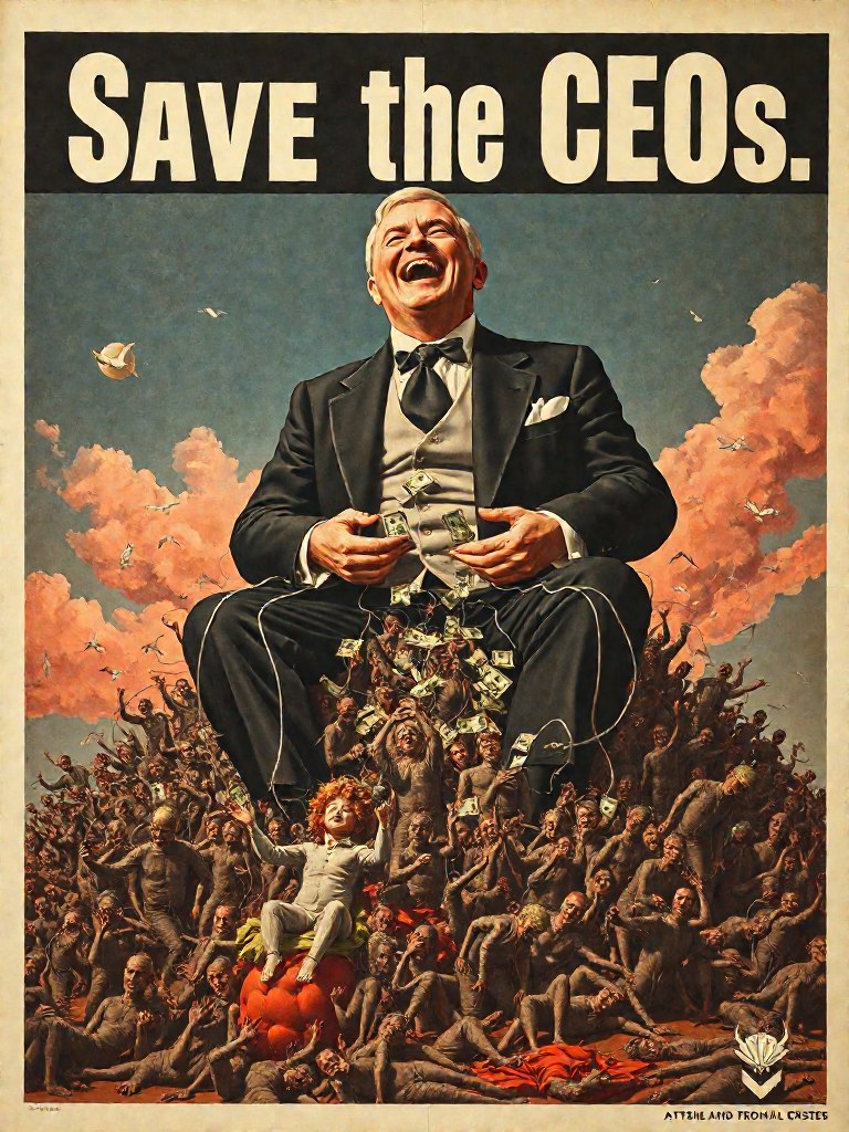 GraydientAI's tweet photo. Send it to a #ceo that needs saving. Design powerful 1930s style propaganda posters easily in seconds -- like these by WhitePepper.  Try https://t.co/jsIEkwU5zh today  #united #unitedhealthcare #manhunt #deny #delay #depose #brianthompson #uhc https://t.co/fpMLBNcUju