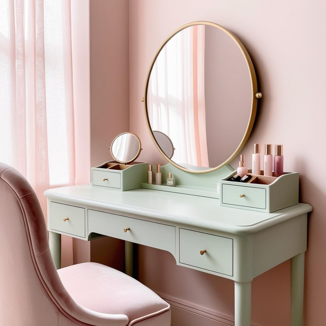 GlamEncalve's tweet photo. Glow up your mornings! 🌸 This pastel vanity setup with gold touches and plush seating is perfect for a stylish and functional beauty corner. ✨💕 #VanityStyle #FeminineDesign https://t.co/ZMnHwDlNkP