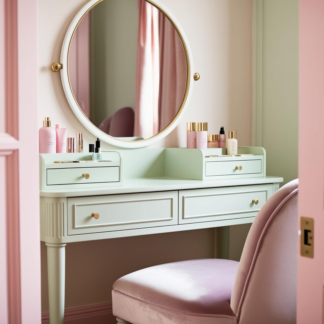 GlamEncalve's tweet photo. Add a pop of pastel elegance to your room! 🌟 This dreamy vanity table setup combines soft pink and mint hues with gold accents. Perfect for a chic and cozy vibe! 💄✨ #VanityGoals #LuxuryDesign https://t.co/LBVGrgvung