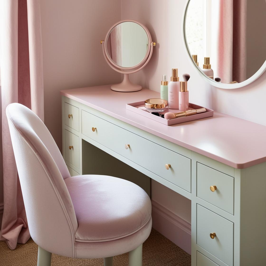 GlamEncalve's tweet photo. Glam up your space with this pastel vanity! 💕 Featuring gold-rimmed mirrors and a plush velvet chair, it’s perfect for creating your beauty haven. ✨🌸 #DreamyDecor #DressingTableInspo https://t.co/CcHYwlONRh