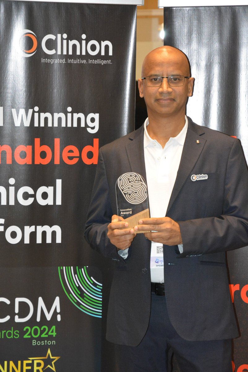 clinion's tweet photo. #Clinion won the 𝐒𝐂𝐃𝐌 𝟐𝟎𝟐𝟒 𝐈𝐧𝐧𝐨𝐯𝐚𝐭𝐢𝐨𝐧 𝐀𝐰𝐚𝐫𝐝 𝐟𝐨𝐫 𝐄𝐱𝐜𝐞𝐥𝐥𝐞𝐧𝐜𝐞 𝐢𝐧 𝐂𝐥𝐢𝐧𝐢𝐜𝐚𝐥 𝐃𝐚𝐭𝐚 𝐒𝐜𝐢𝐞𝐧𝐜𝐞, first presented in Boston and now celebrated at #SCDMIndia, recognizing our strides in #AI-driven technology transforming clinical trials. https://t.co/0JPh6EEi7o