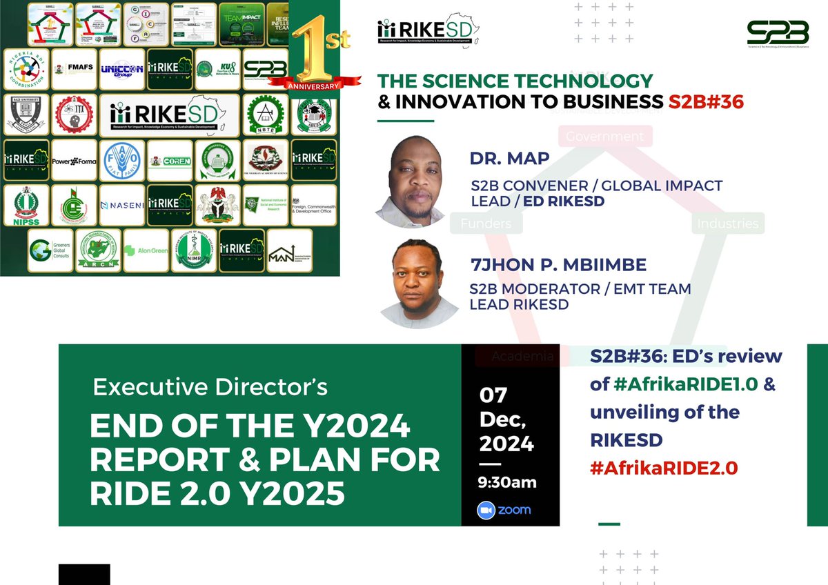 RIC_RIT_Team's tweet photo. RIKE-SD GLOBAL is inviting you to a scheduled Zoom meeting.

Topic: S2B#36: ED’s review of #AfrikaRIDE1.0 &amp; unveiling of the RIKESD #AfrikaRIDE2.0

Time: Dec 7, 2024 09:30 AM West Central Africa

Join Zoom Meeting
https://t.co/sFfOxyj4CV https://t.co/25IZMNr0Yl
