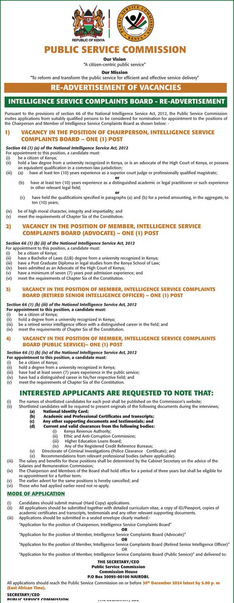 semasocialkenya's tweet photo. !!!! JOBS ALERT !!!!
INTELLIGENCE SERVICE COMPLAINTS BOARD - RE-ADVERTISEMENT
All applications should reach the Public Service Commission on or before 30th December 2024 latest by 5.00 p. m (East African Time).
#ikokazike #kenyanjobs #pscjobs https://t.co/VPhUMADHLU