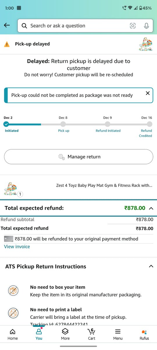 Prasadaswar1's tweet photo. Hey @amazonIN &amp; @add_axio,
I’m facing a terrible experience with your services. Here's my issue:

I ordered "Zest 4 Toyz Baby Play Mat Gym &amp; Fitness Rack..." on Amazon using Axio Pay Later. I didn't like the product and initiated a return. It’s been 2-3 months, and no delivery https://t.co/x8g6GgfTfB