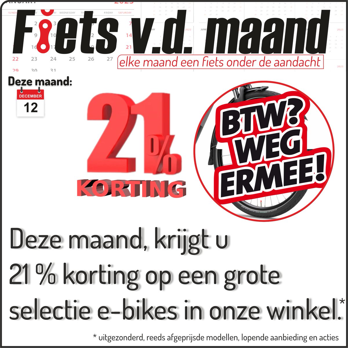 mooie #FietsvandeMaand voor december 2024. Deze maand op een grote selectie ebike 21% korting #BTWwegermee #ebike #korting #FvdM