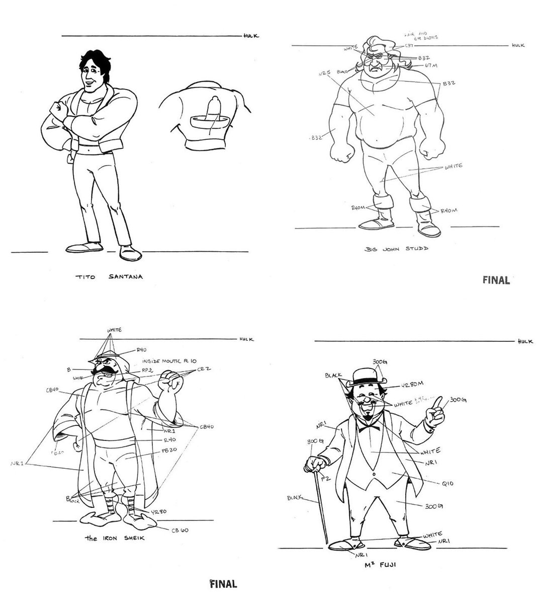 WWFWrestling1's tweet photo. Original concept sketches for the "Hulk Hogan's Rock 'n' Wrestling" cartoon. 2/2 ✍️ #TitoSantana #IronSheik #JohnStudd #MrFuji #MeanGene https://t.co/KrMJ5XB6oX