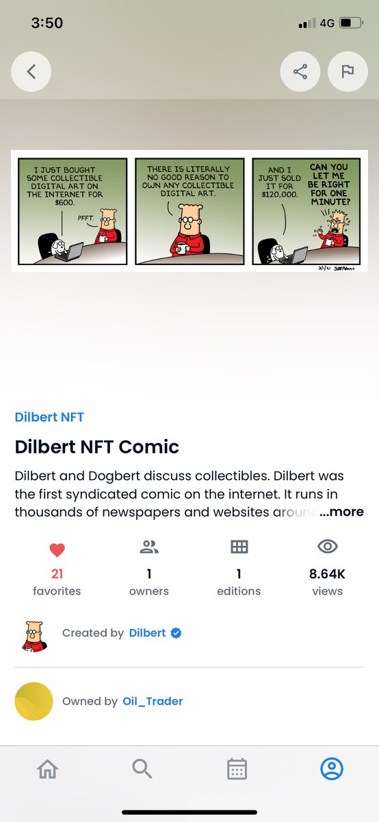 SmartOilTrader's tweet photo. I am the owner of an NFT of Scott Adams though I never really bought in to the NFT hype. His books and ideas  have helped to reframe my mind and “hacked” the game of life. So no @ScottAdamsSays , I’m not betting against you! https://t.co/XPHLyh9wpE