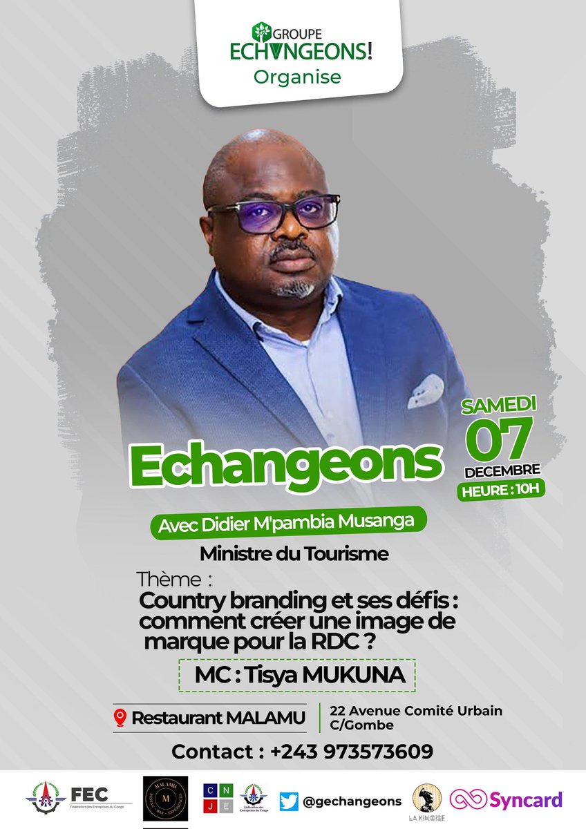 tisyamukuna's tweet photo. Comment rendre le Congo attractif? Quelle est notre politique touristique? Quel défis? Quelle place pour les entreprises congolaises et le Made in Congo?

Réponse à ces questions dans 1 heure! Rdv à Malamu pour le retour de @GEchangeons 🇨🇩😉
Entrée libre, preparez vos questions! https://t.co/9hm4TYxW3v