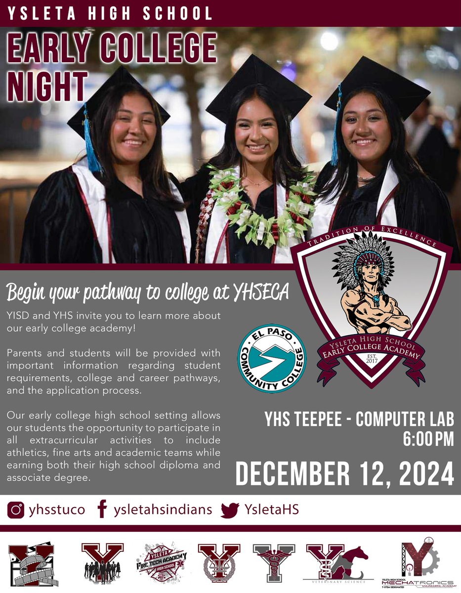 MrsAmadorRoxy's tweet photo. All El Paso area 8th grade students and parents are invited for our YHS Early College Night. Our counselor and admin will be available for any questions about college and career readiness! @YsletaHS @toniebadillo #TraditionofExcellence #EPCC https://t.co/kiIK5iqaV1