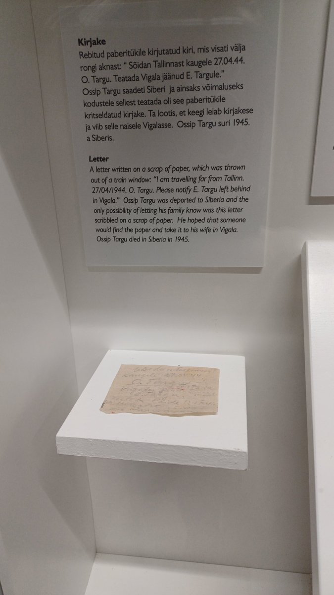 A tiny letter of an estonian deportee thrown out of train window in hopes someone lets the family know.  Russia deported not only elite, but especially workers and farmers to destroy anything we had built. To detroy the support system people relied on. Exhibit <a href="/MuuseumParnu/">Pärnu Muuseum</a>
