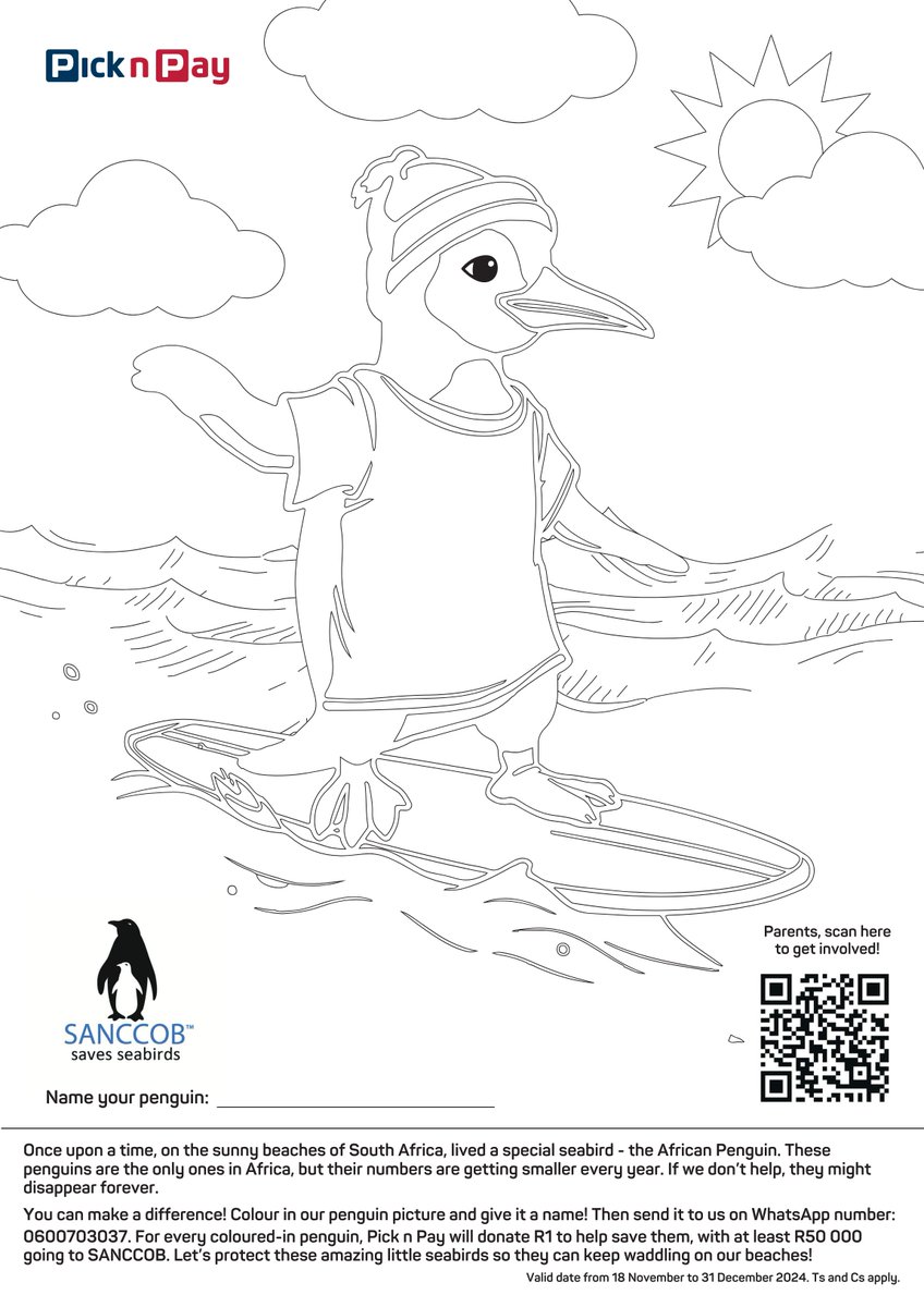 PicknPay's tweet photo. Help us save the African penguin! 🐧​

🎨 Colour the penguin from your local paper or download &amp; print.​
 📸 Send a pic on WhatsApp: 060 070 3037.​
We’ll donate R1 to SANCCOB for every submission (min R50,000)! Ends 31 Dec 2024.​ Let’s #ColourForACause

#SaveThePenguins #PnPCares https://t.co/7ti4Fdfa3H