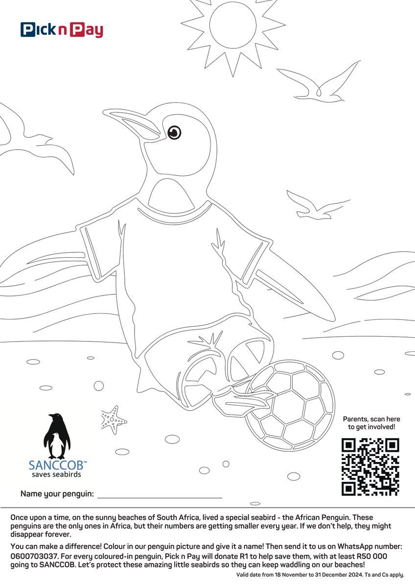 PicknPay's tweet photo. Help us save the African penguin! 🐧​

🎨 Colour the penguin from your local paper or download &amp; print.​
 📸 Send a pic on WhatsApp: 060 070 3037.​
We’ll donate R1 to SANCCOB for every submission (min R50,000)! Ends 31 Dec 2024.​ Let’s #ColourForACause

#SaveThePenguins #PnPCares https://t.co/7ti4Fdfa3H