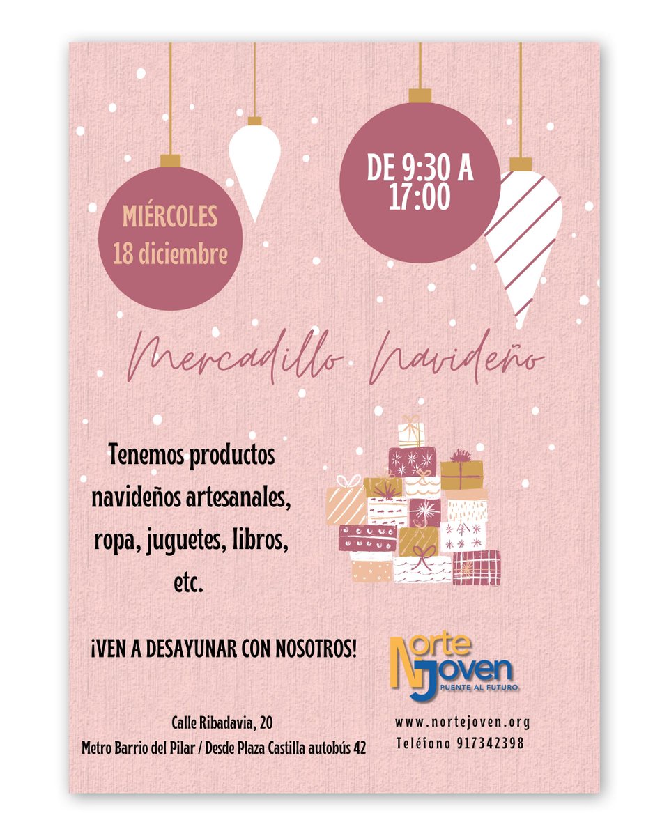 ¡TE ESPERAMOS EN EL #mercadillodenavidad  DE NORTE JOVEN!

🗓miércoles, 18 de diciembre, 9:30-17 horas
📍Norte Joven Fuencarral - Calle Ribadavia, 20 (28029, Madrid)
☕Desayunos: en el restaurante “Fuera de Carta”

#mercadillosolidario #mercadillosmadrid #mercadillonavideño