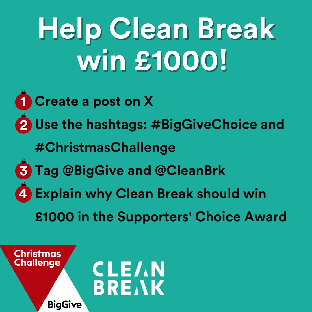 Help Clean Break win £1000!

Thank you to everyone who has donated and shared our <a href="/biggive/">Big Give</a> campaign so far.

The Supporters Choice Award is an opportunity to win an extra £1000 for our Members Programme. Here's how you can help ❤️

Double your donation: bit.ly/CBBG24
